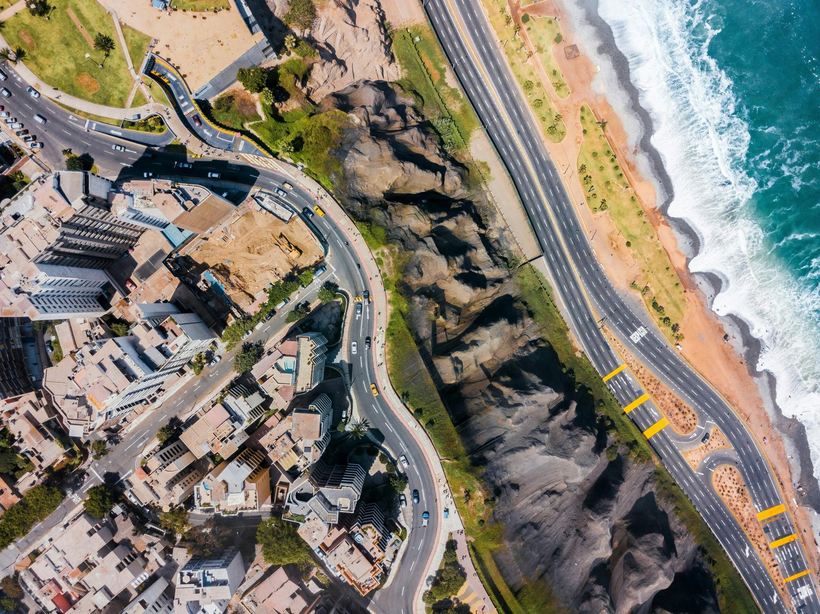 Aerial perspective showcasing the urban landscape and coastline of Miraflores, Lima, Peru.
